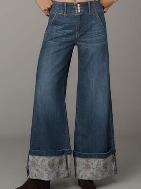 Maeve High-Rise Cuffed Wide Leg Jeans Floral Cuff Trousers Anthropologie 27